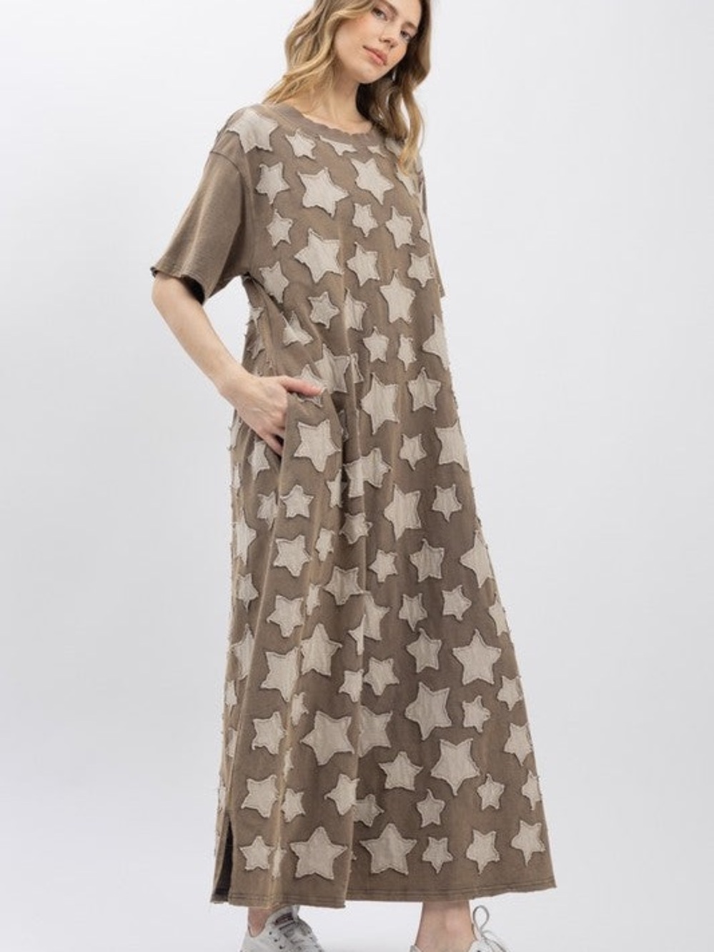 NWT Blue Velvet Star Patchwork Short Sleeve Long Dress - Charcoal